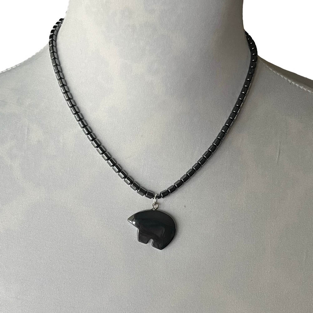 Hematite Bead Necklace and Bear Pendant